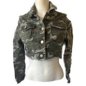 Justice Girls Stretch Green Camouflage Embellished Cropped Denim Jacket Size 10